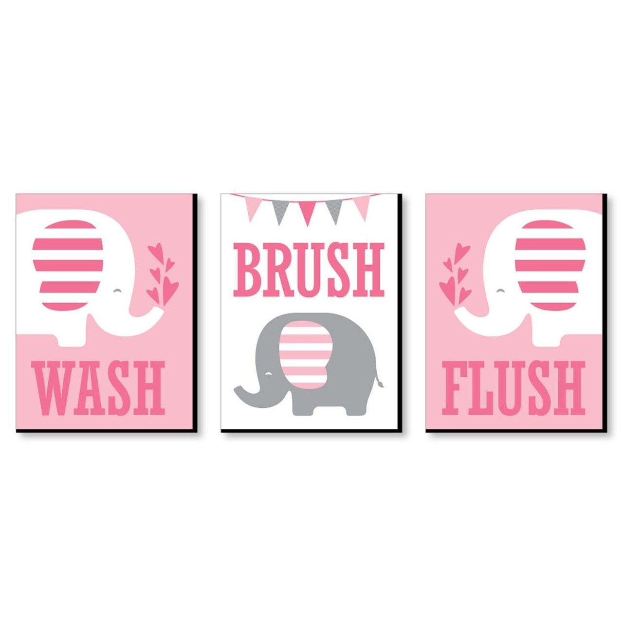 Big Dot of Happiness Pink Elephant - Kids Bathroom Rules Wall Art - 7.5 x 10 inches - Set of 3 Signs - Wash, Brush, Flush